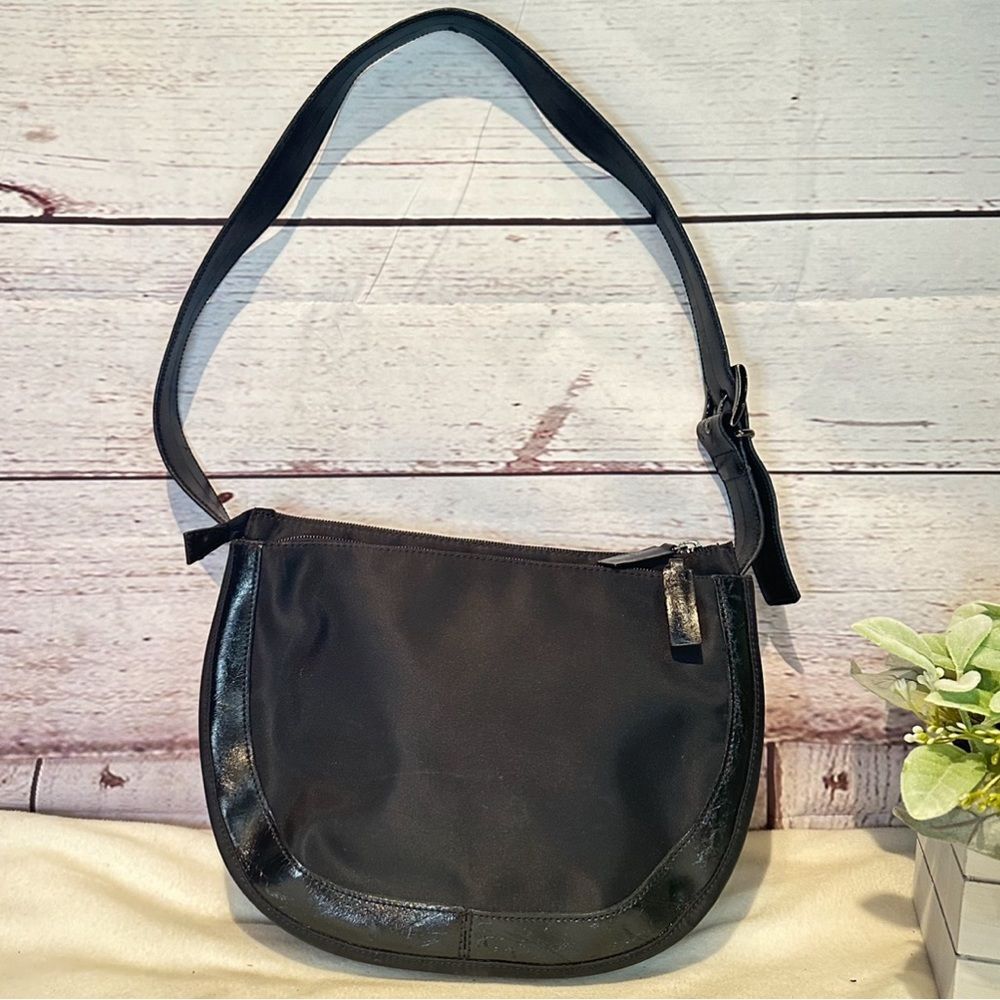 Coccinelle Black Leather and Nylon 3 Compartment Zip Shoulder Bag Made in Italy
